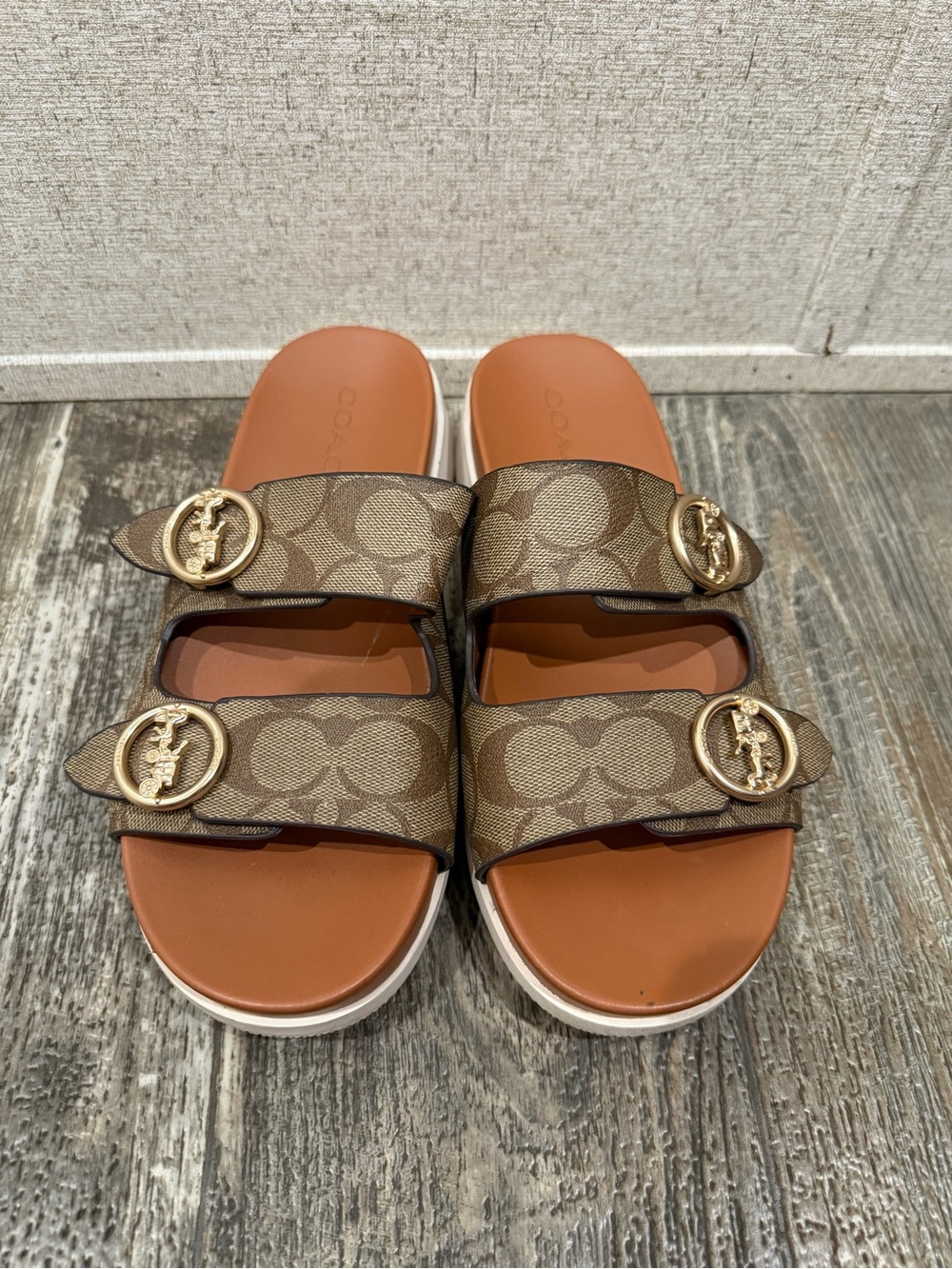 Coach Tan Brown Signature Double-Strap Slide Sandals with Gold Buckles